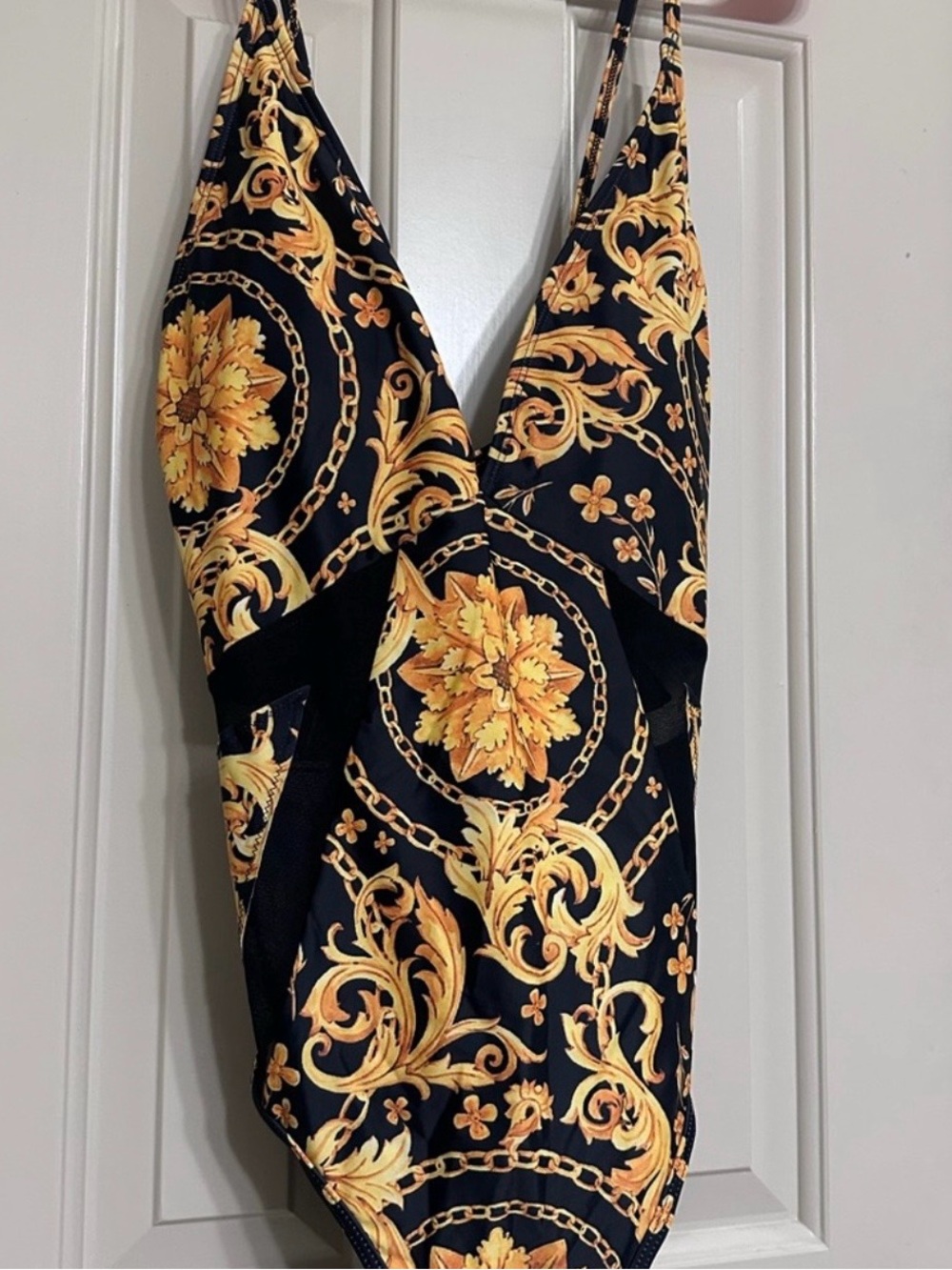 Fashion Nova Black and Gold Baroque One-Piece Swimsuit - Picture 3 of 7